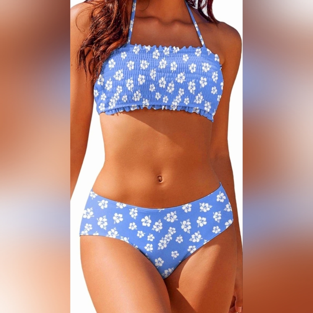 Bikini Set Women's 2 PC Swimsuit Bandeau Mid-Waist Padded Removable Straps MED
